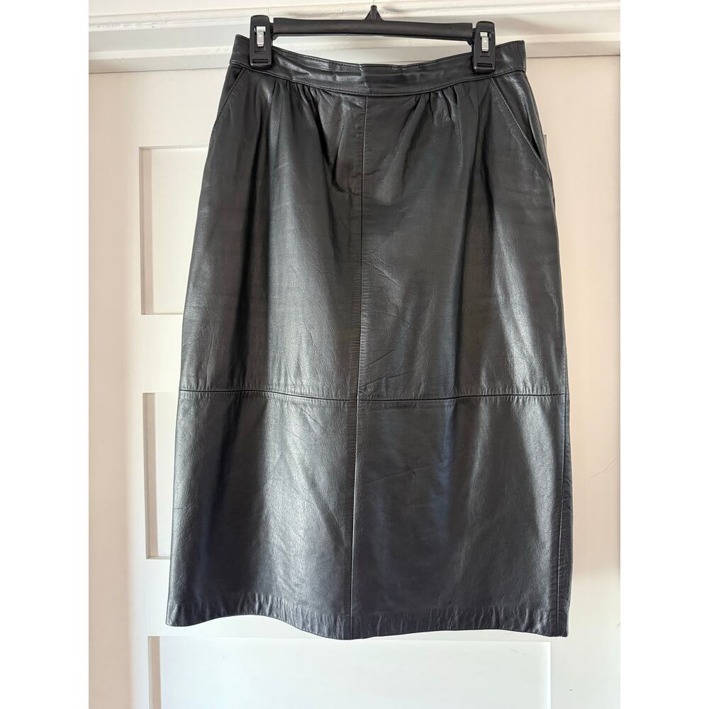 Vintage 90s Black Leather Midi Pencil Skirt High Waist Minimalist Leather